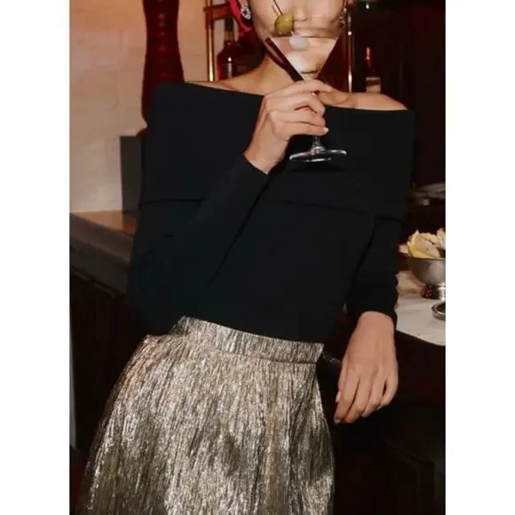 TUCKERNUCK Hyacinth House Gold Metallic Plisse Gloria Midi Skirt  NWT Size Large - Picture 6 of 10